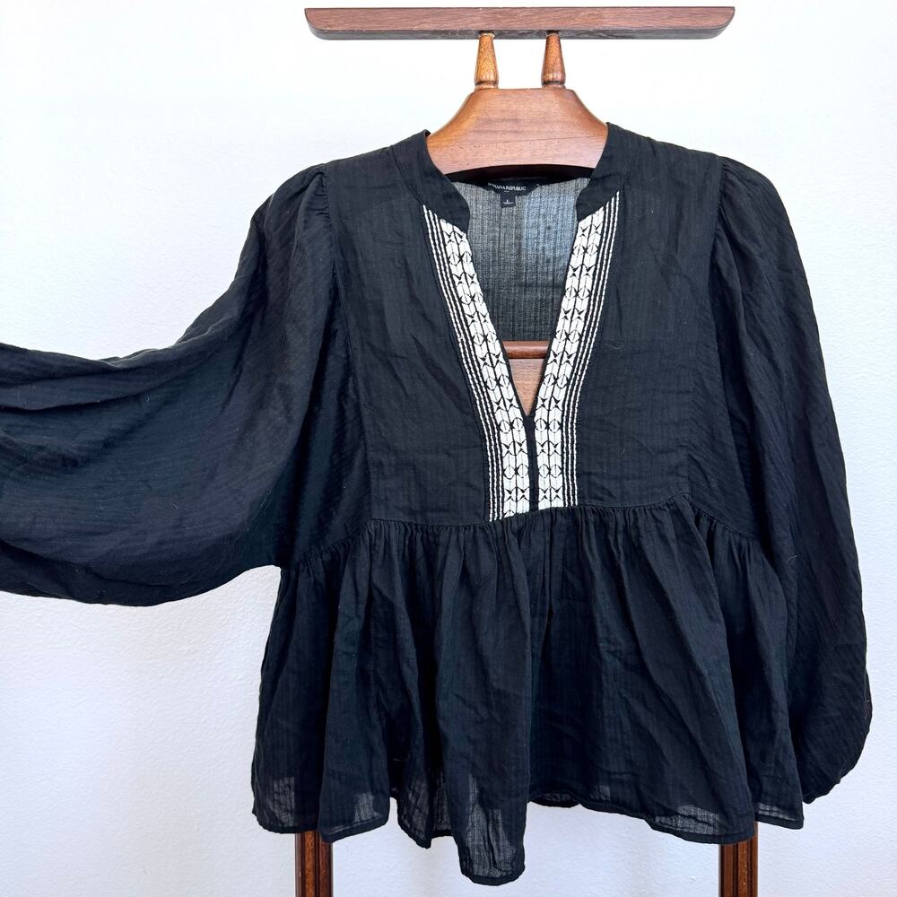 Banana Republic Black Embroidered Peasant Blouse 100% Cotton Boho Babydoll Top L